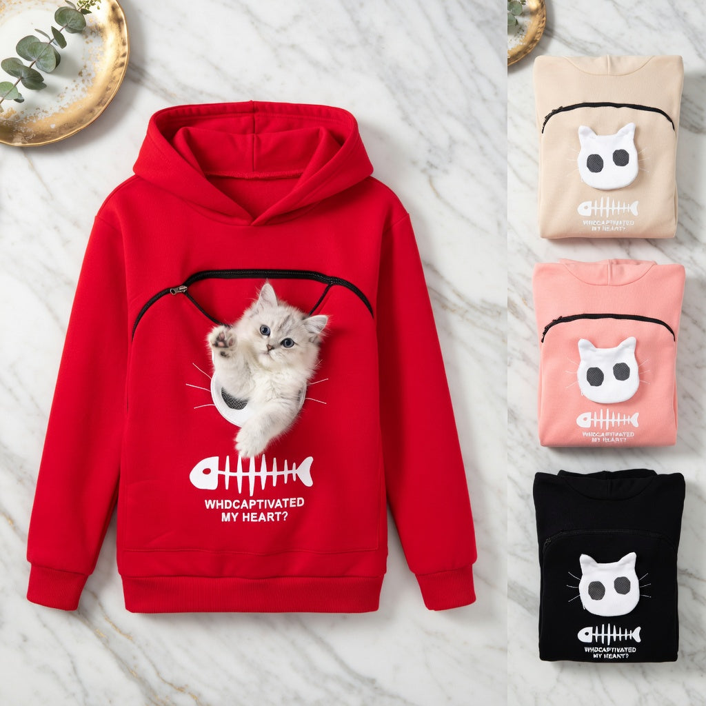 Cat Pocket Hoodie Sweatshirt for Women | Cozy Long Sleeve Cat Outfit
