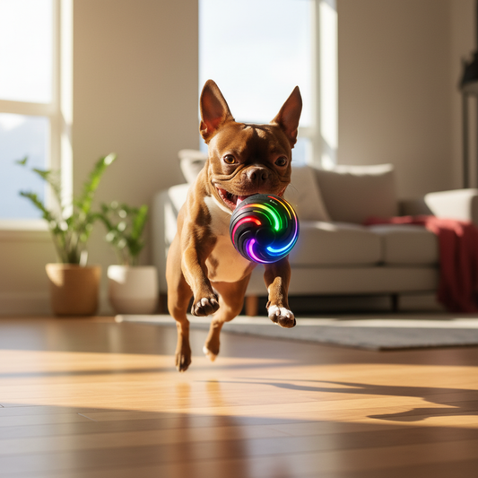 Boston Terrier dog chasing black LED rolling ball toy