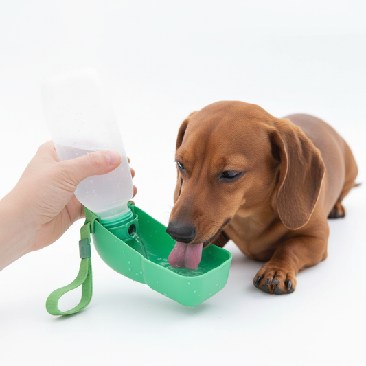 Dachshund dog drinking water from portable green travel pet water bottle
